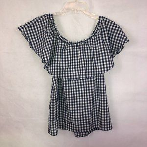 Rebel Sugar Blue/White Gingham Off The Shoulder Blouse Top Size Small